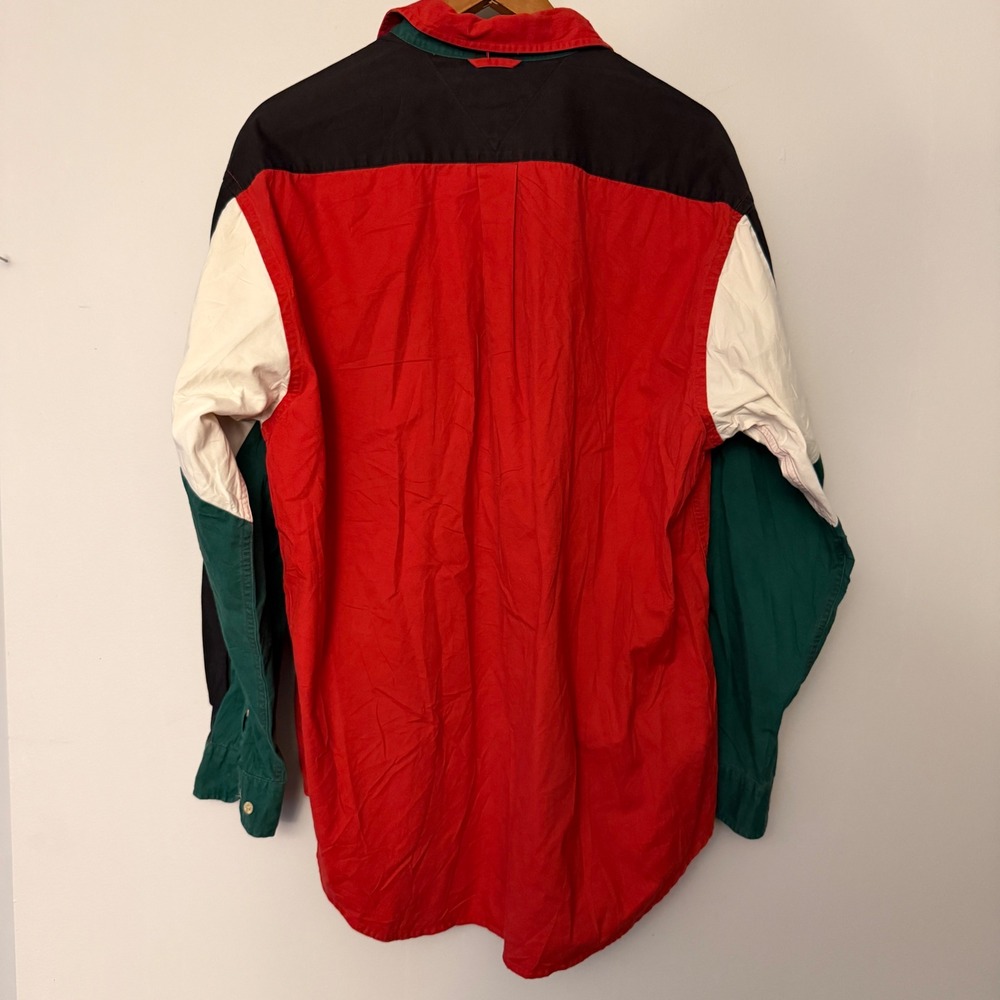 Tommy Hilfiger Vintage Colorblock Flag Patch Ski Shirt Mens Large Red Green - Picture 5 of 6